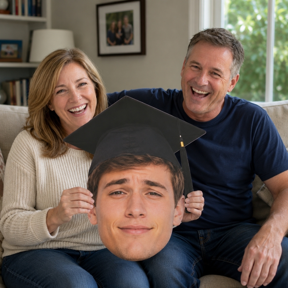 Personalized graduation big head cutout used as a surprise decoration for family celebration