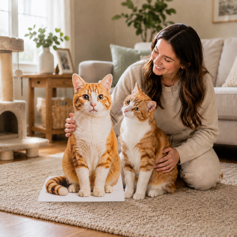 Personalized pet cardboard cutout display with custom cat photo for home memorial and decoration