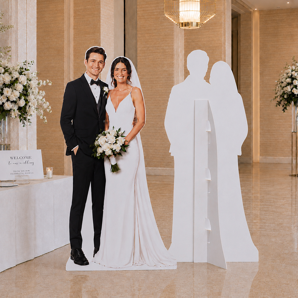 Custom wedding cardboard cutout standee showing front and back display with support stand