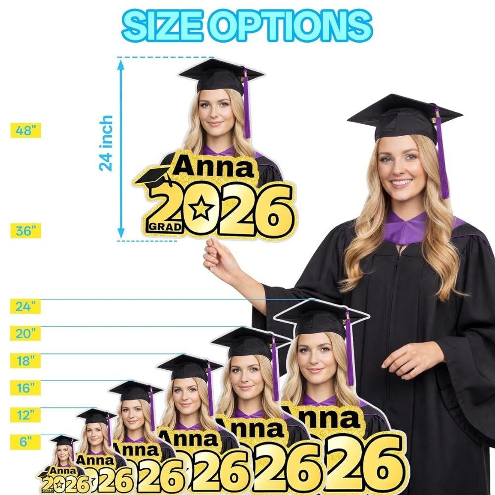 Custom 2026 Gold Glitter Graduation Big Head Cutout