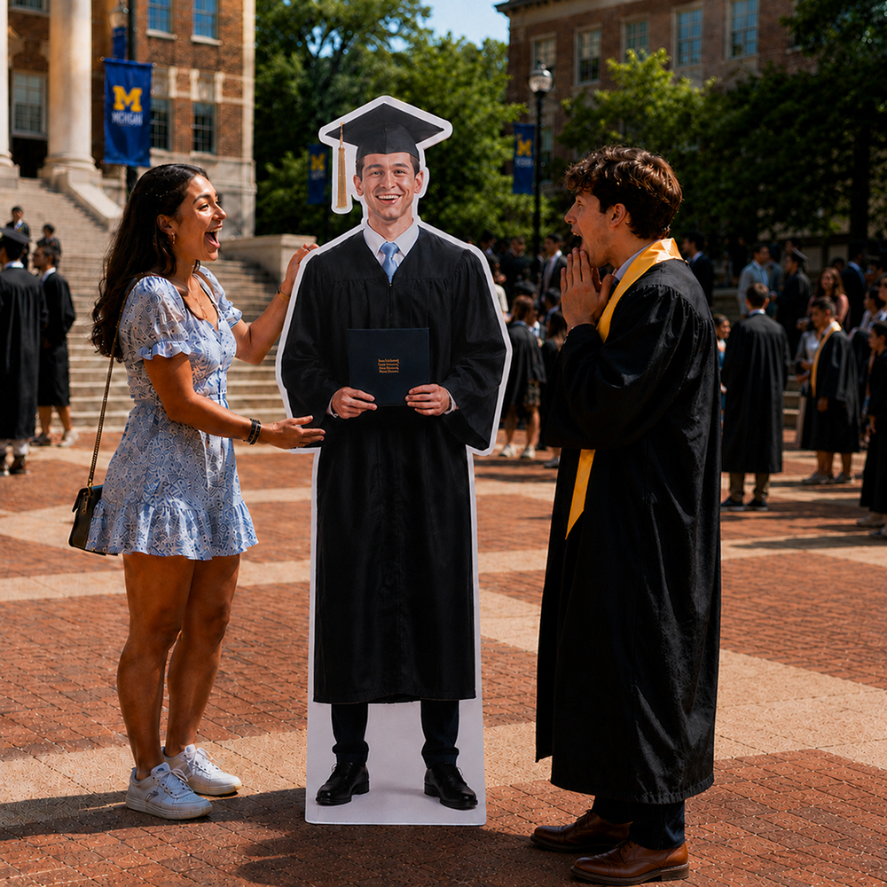 Custom life size cardboard cutout for graduation celebration with personalized graduate photo standee