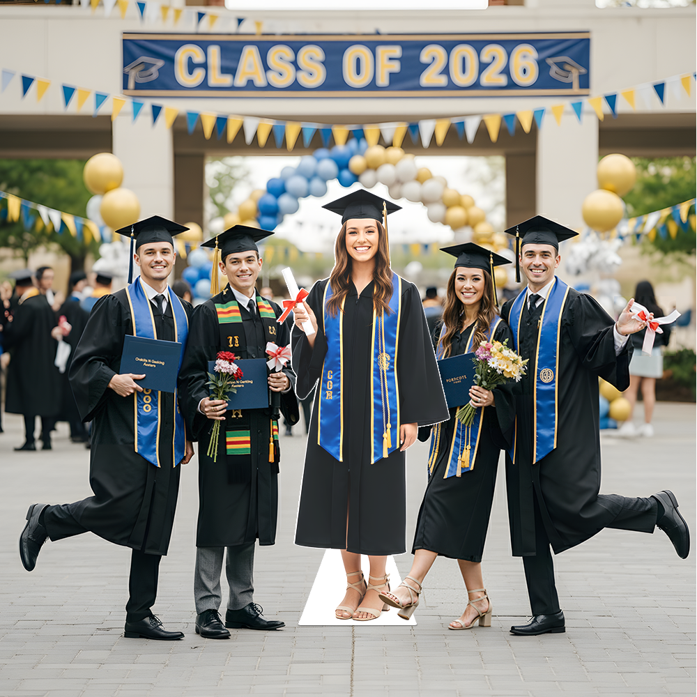 Graduation cardboard cutout display with friends