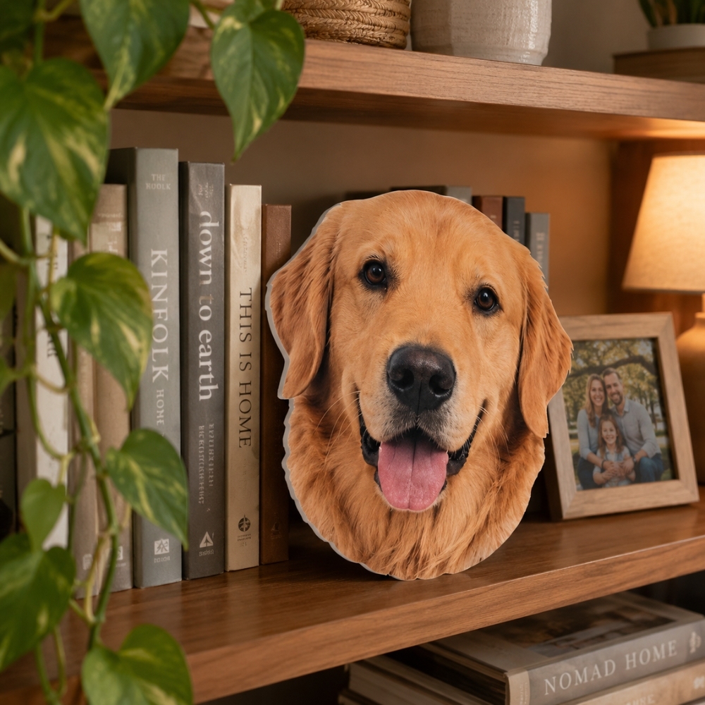 Custom dog big head cutout displayed as personalized pet decoration for home and pet lovers
