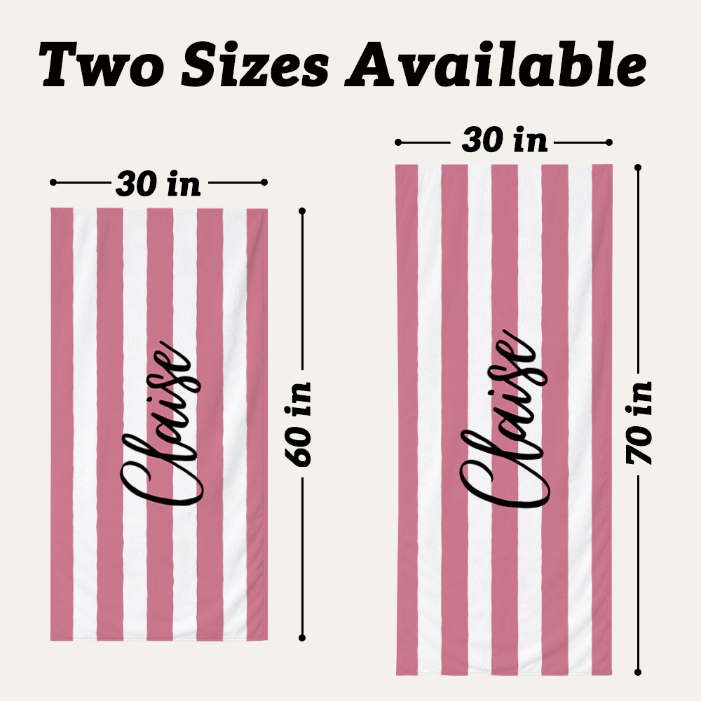 Personalized striped beach towel available in 30 x 60 inch and 30 x 70 inch sizes