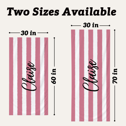 Personalized striped beach towel available in 30 x 60 inch and 30 x 70 inch sizes