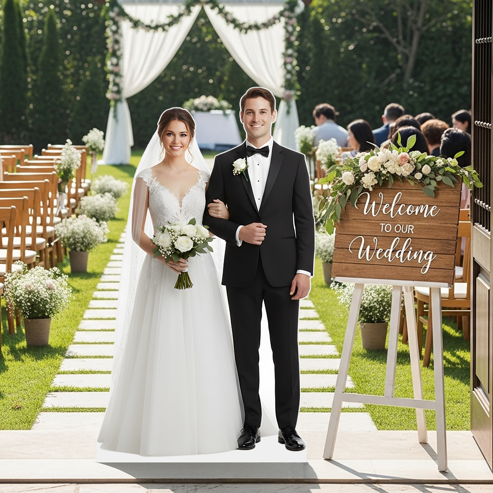 Wedding cardboard cutout display at ceremony entrance