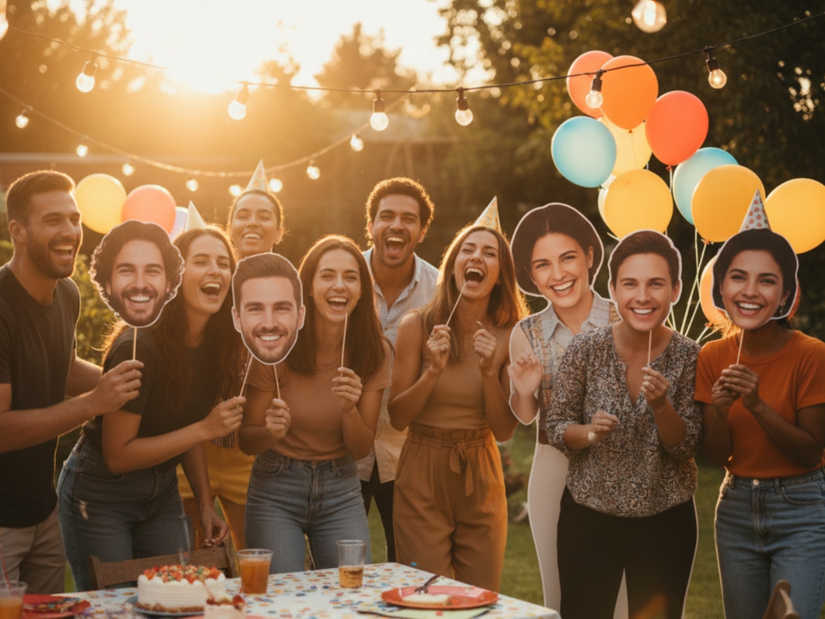Party scene with custom big heads and life-size cutouts