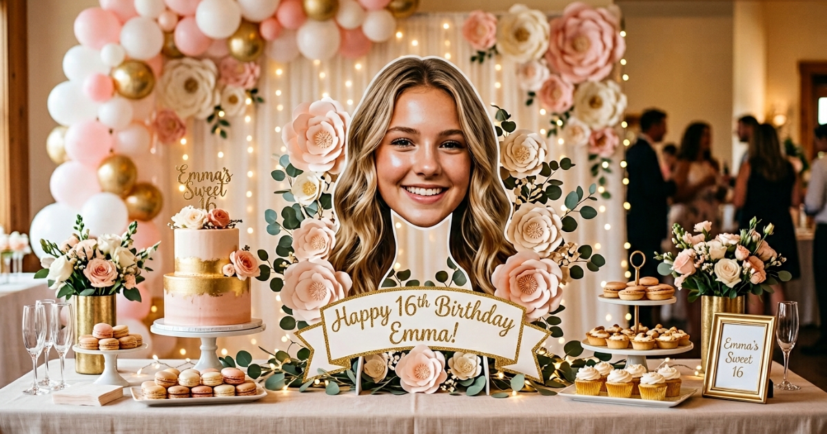 Personalized sweet 16 birthday big head cutout with custom text