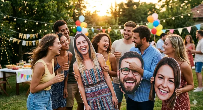 Happy party guests posing with custom ShallPrint cutouts at a celebration