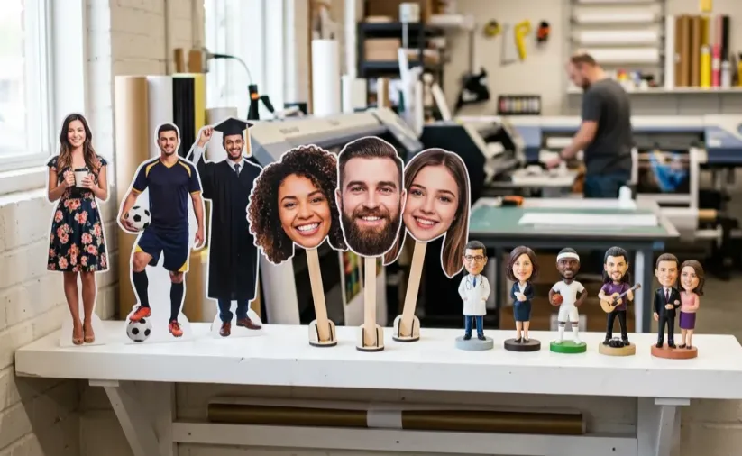 Assortment of custom big heads and life-size cutouts displayed on shelves