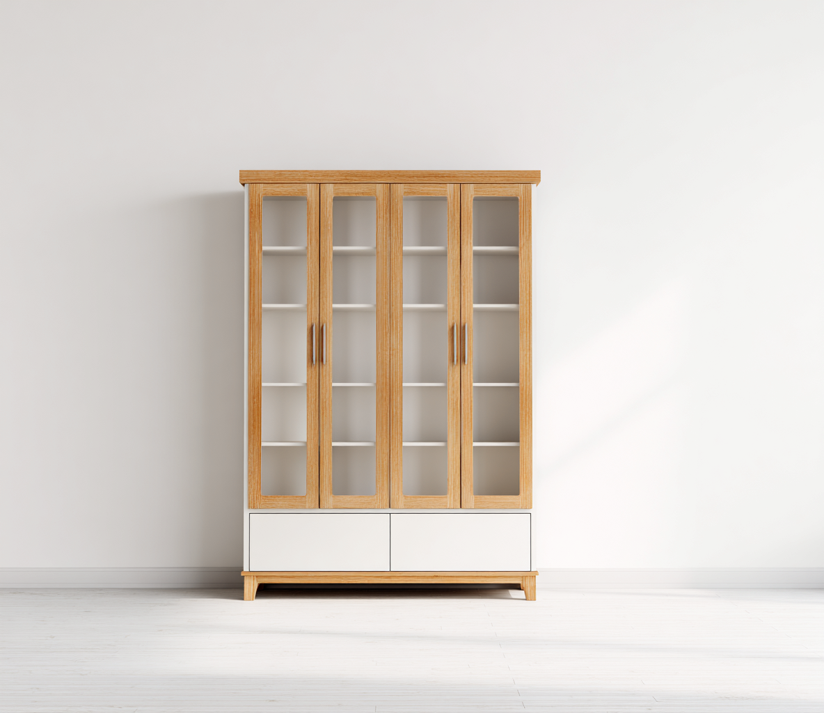 Credenza da cucina in legno 120×45×185 cm – rovere chiaro/bianco – con ante in vetro e spazio di stoccaggio-Havenoliq