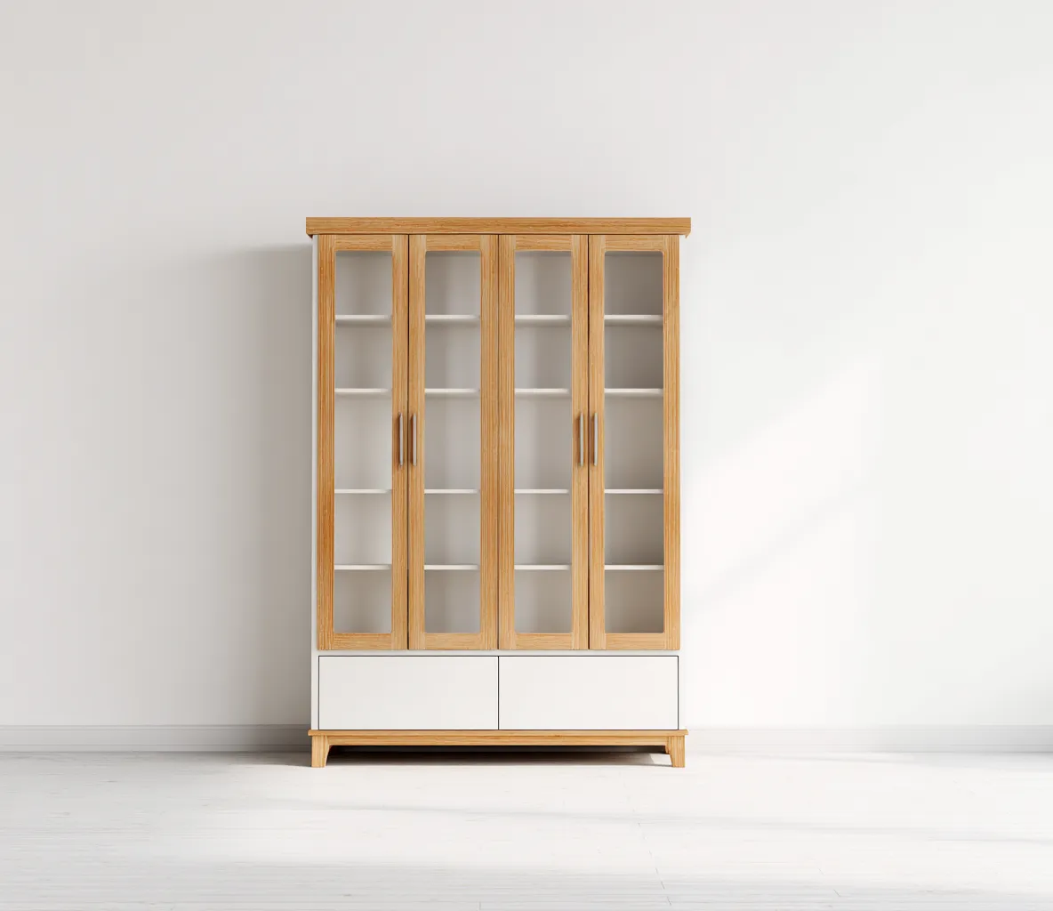 Credenza da cucina in legno 120×45×185 cm – rovere chiaro/bianco – con ante in vetro e spazio di stoccaggio-Havenoliq