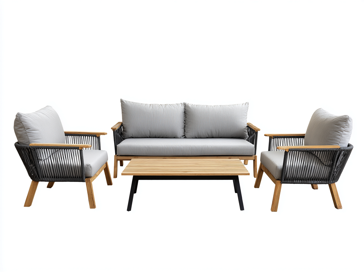 Set da salotto da giardino in corda e legno – divano 160×80×85 cm – poltrone 75×80×85 cm – grigio chiaro/legno naturale – design moderno ed elegante-Havenoliq