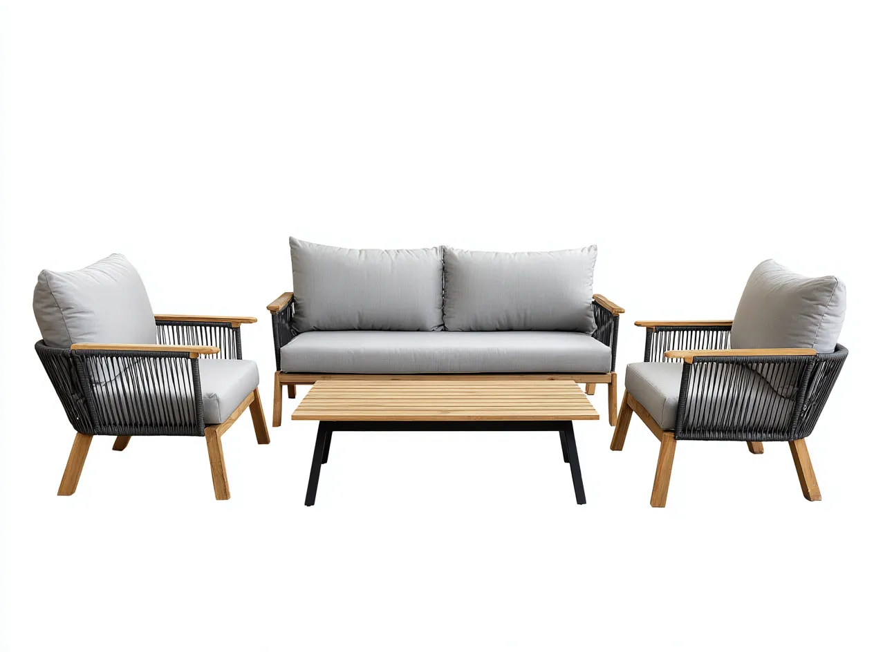 Set da salotto da giardino in corda e legno – divano 160×80×85 cm – poltrone 75×80×85 cm – grigio chiaro/legno naturale – design moderno ed elegante-Havenoliq