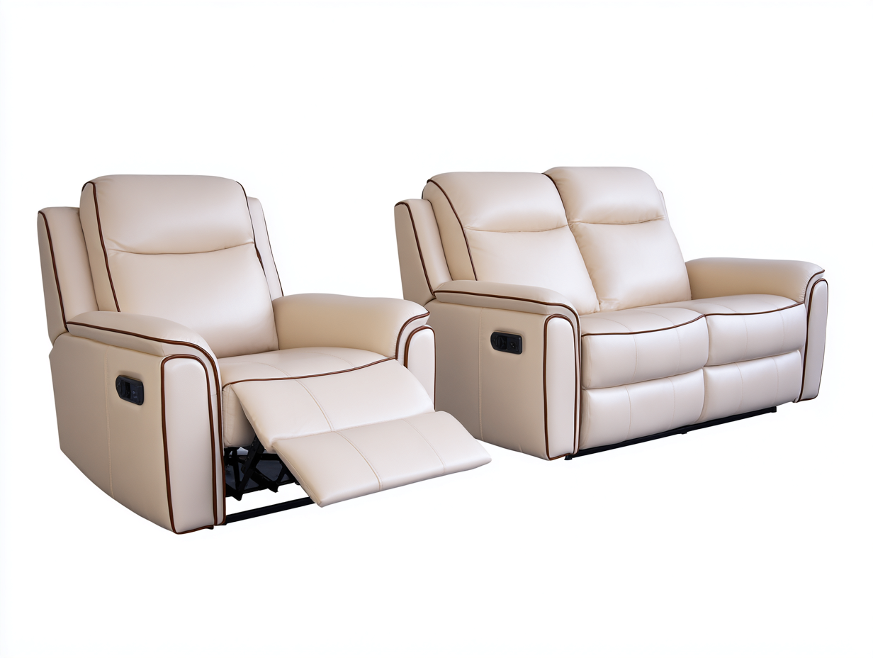 Divano 2 posti e poltrona reclinabili elettrici in pelle 160×95×100 cm / 95×95×100 cm – crema – con profilo marrone e funzione relax motorizzata-Havenoliq