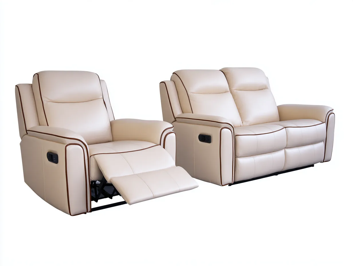 Divano 2 posti e poltrona reclinabili elettrici in pelle 160×95×100 cm / 95×95×100 cm – crema – con profilo marrone e funzione relax motorizzata-Havenoliq