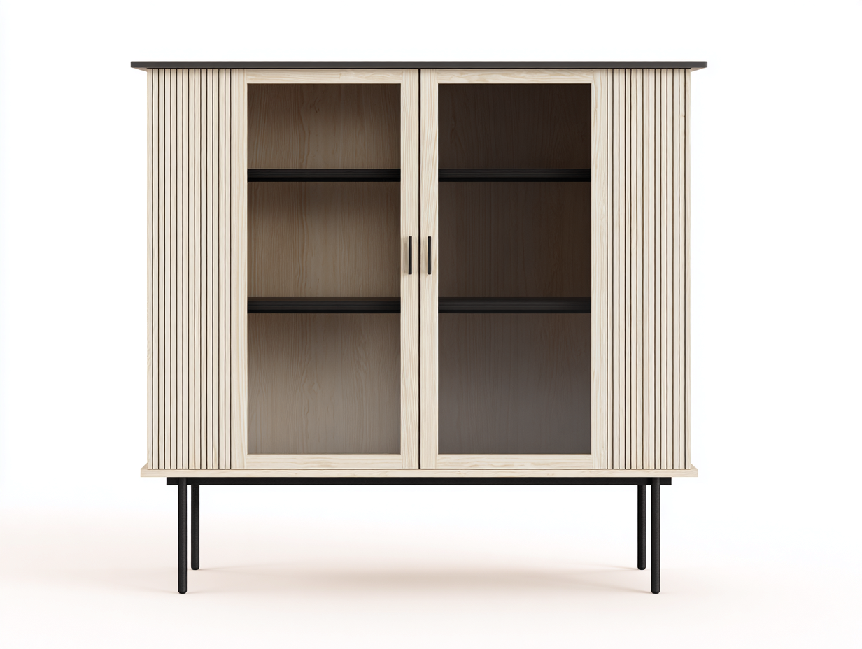 Credenza da cucina in legno 110×40×150 cm – beige chiaro/nero – con ante in vetro e spazio di stoccaggio-Havenoliq