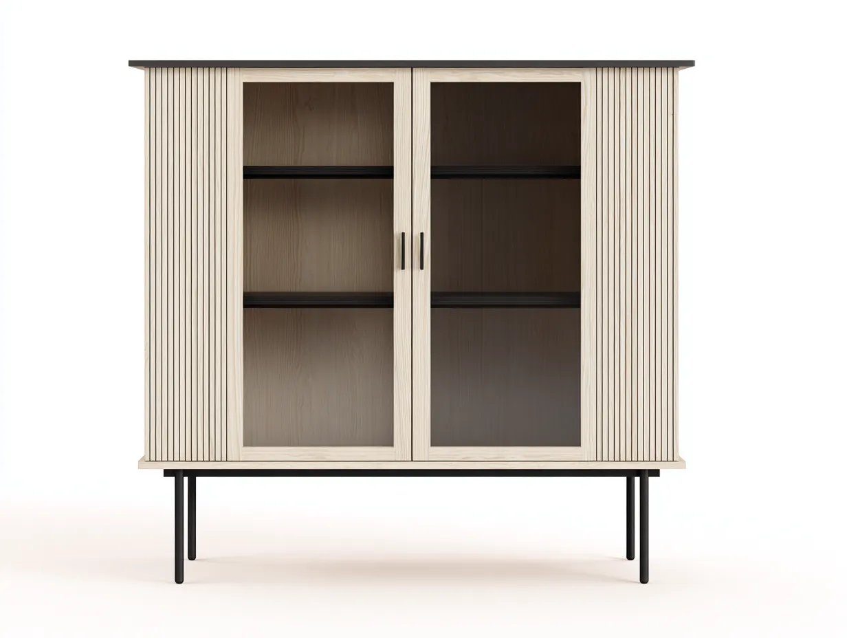 Credenza da cucina in legno 110×40×150 cm – beige chiaro/nero – con ante in vetro e spazio di stoccaggio-Havenoliq