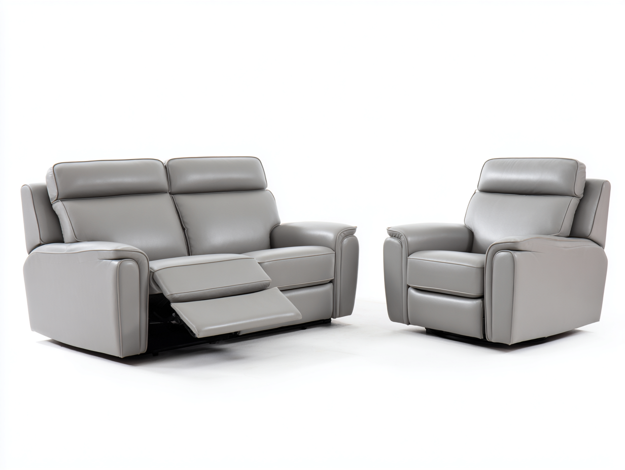 Divano 2 posti reclinabile 160×95×100 cm e poltrona reclinabile 95×95×100 cm in pelle – grigio – stile moderno con funzione relax elettrica e poggiatesta regolabile-Havenoliq