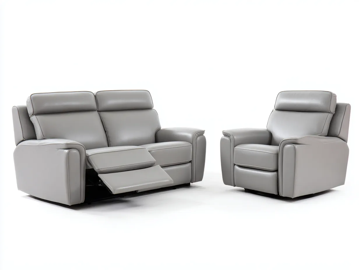 Divano 2 posti reclinabile 160×95×100 cm e poltrona reclinabile 95×95×100 cm in pelle – grigio – stile moderno con funzione relax elettrica e poggiatesta regolabile-Havenoliq