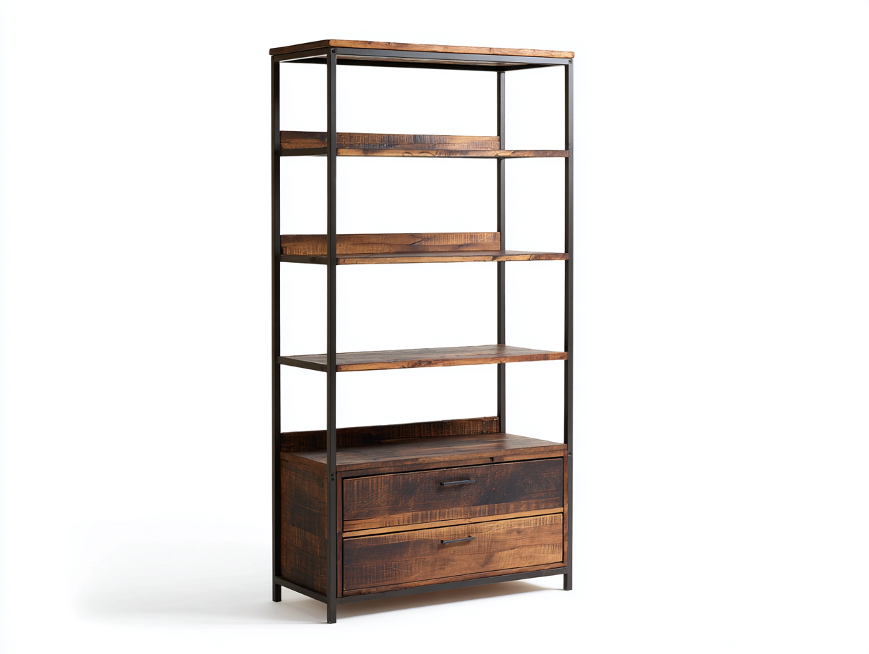 Libreria alta in stile industriale 70×35×180 cm – colore legno scuro/nero – con spazio di archiviazione-Havenoliq