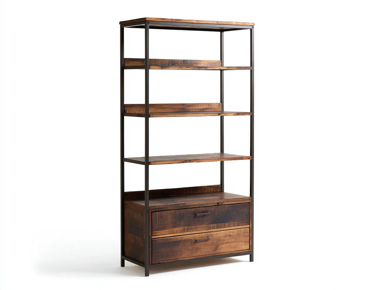 Libreria alta in stile industriale 70×35×180 cm – colore legno scuro/nero – con spazio di archiviazione-Havenoliq