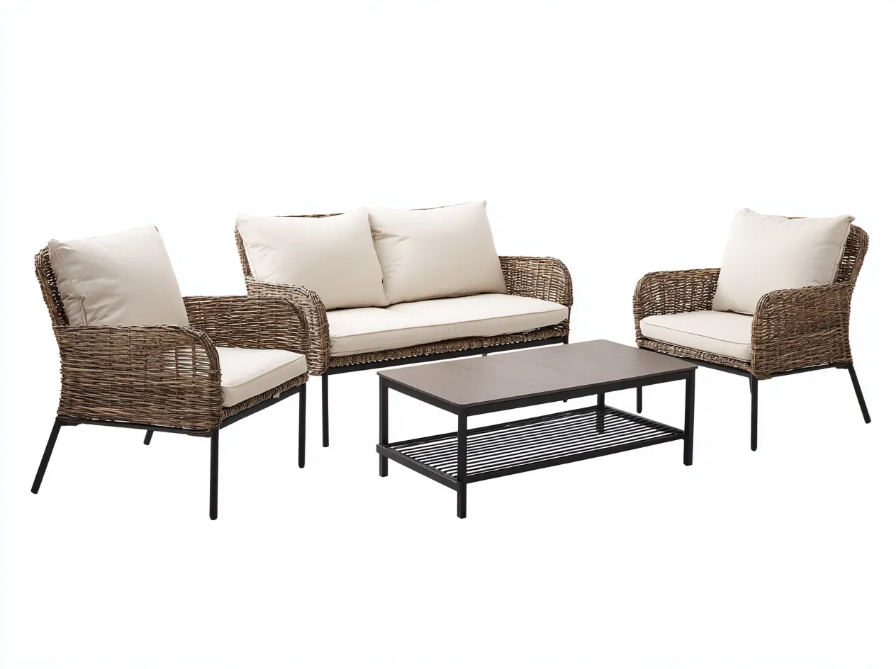 Set da salotto da giardino in rattan sintetico 4 pezzi – divano 160×70×80 cm e poltrona 72×70×80 cm – marrone/beige – design moderno con tavolino abbinato-Havenoliq