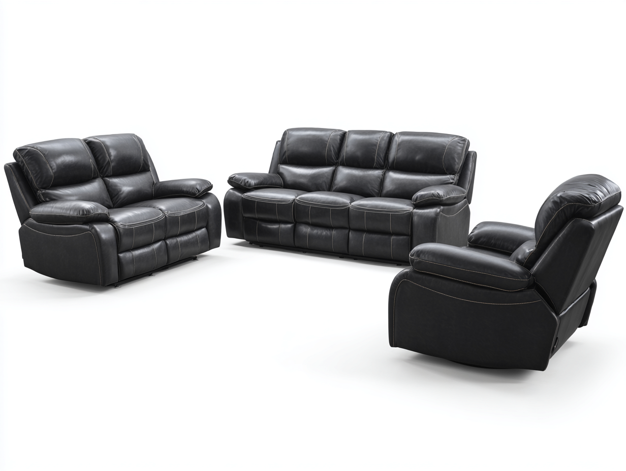 Divano 3 posti 205×95×100 cm, divano 2 posti 160×95×100 cm e poltrona reclinabile 95×95×100 cm in pelle – nero – stile moderno con funzione relax manuale-Havenoliq