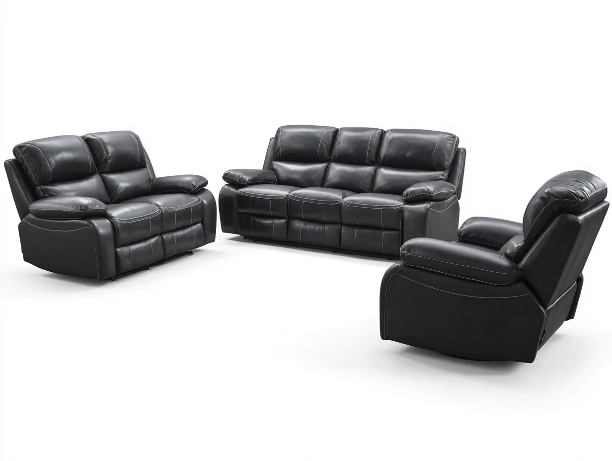 Divano 3 posti 205×95×100 cm, divano 2 posti 160×95×100 cm e poltrona reclinabile 95×95×100 cm in pelle – nero – stile moderno con funzione relax manuale-Havenoliq