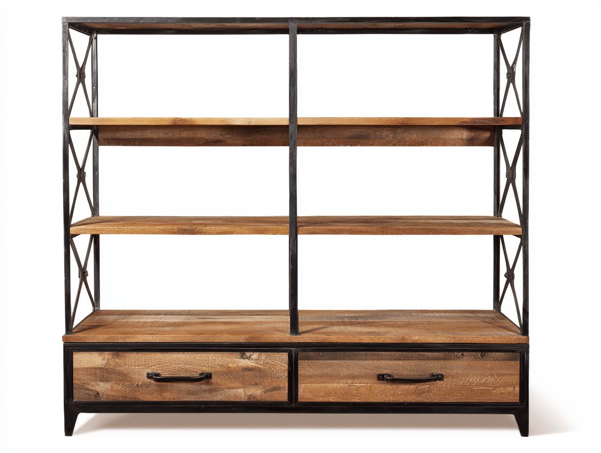 Libreria industriale in legno e metallo 150×35×160 cm – rovere naturale/nero – con spazio contenitivo-Havenoliq