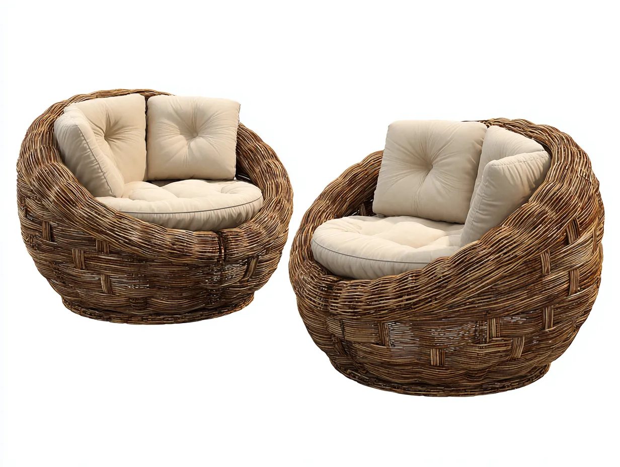 Set di poltrone rotonde da giardino in rattan intrecciato – 90×85×80 cm – beige/marrone naturale – stile boho con imbottitura morbida e avvolgente-Havenoliq