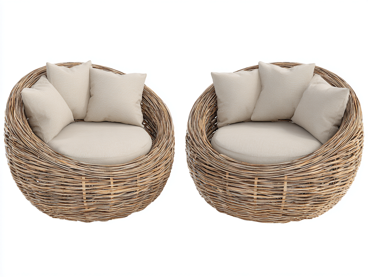 Set di due poltrone rotonde da giardino in rattan sintetico – 95×90×80 cm – marrone naturale/beige – design avvolgente e confortevole per esterni-Havenoliq
