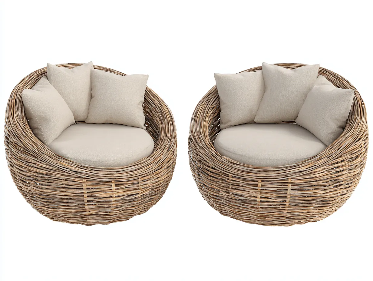Set di due poltrone rotonde da giardino in rattan sintetico – 95×90×80 cm – marrone naturale/beige – design avvolgente e confortevole per esterni-Havenoliq