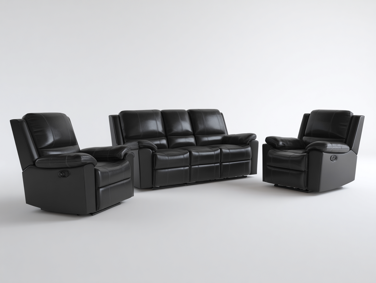 Divano 3 posti 205×95×100 cm e 2 poltrone reclinabili 95×95×100 cm in pelle – nero – stile moderno con funzione relax manuale-Havenoliq