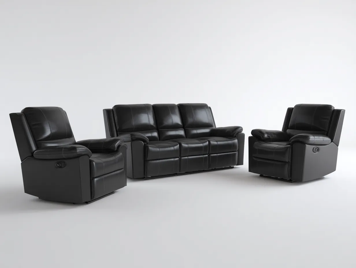 Divano 3 posti 205×95×100 cm e 2 poltrone reclinabili 95×95×100 cm in pelle – nero – stile moderno con funzione relax manuale-Havenoliq