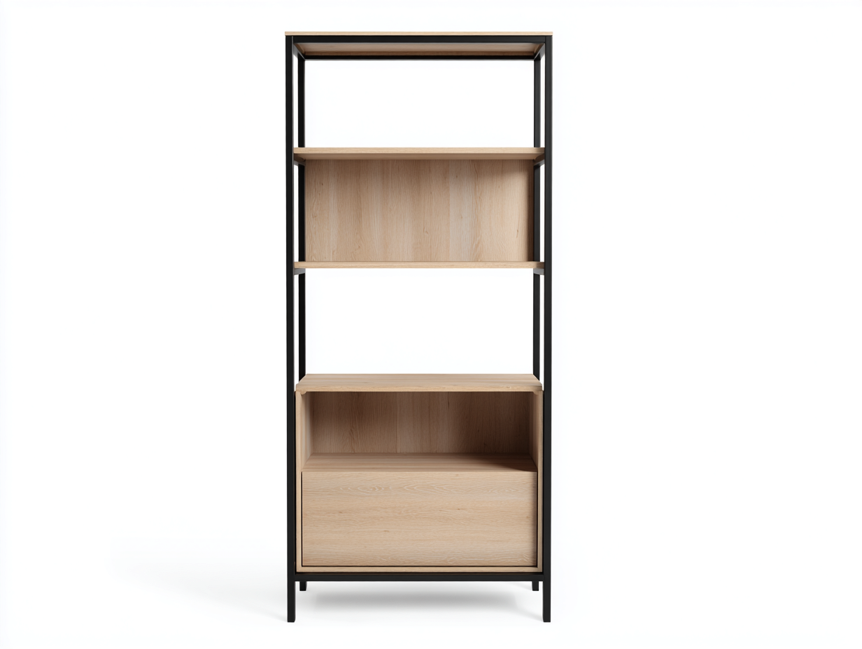 Libreria industriale in legno e metallo 85×35×180 cm – rovere chiaro/nero – con vano contenitore-Havenoliq