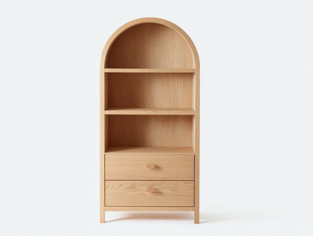 Libreria in legno massello 75×35×155 cm – colore rovere chiaro – con spazio di archiviazione e design ad arco-Havenoliq