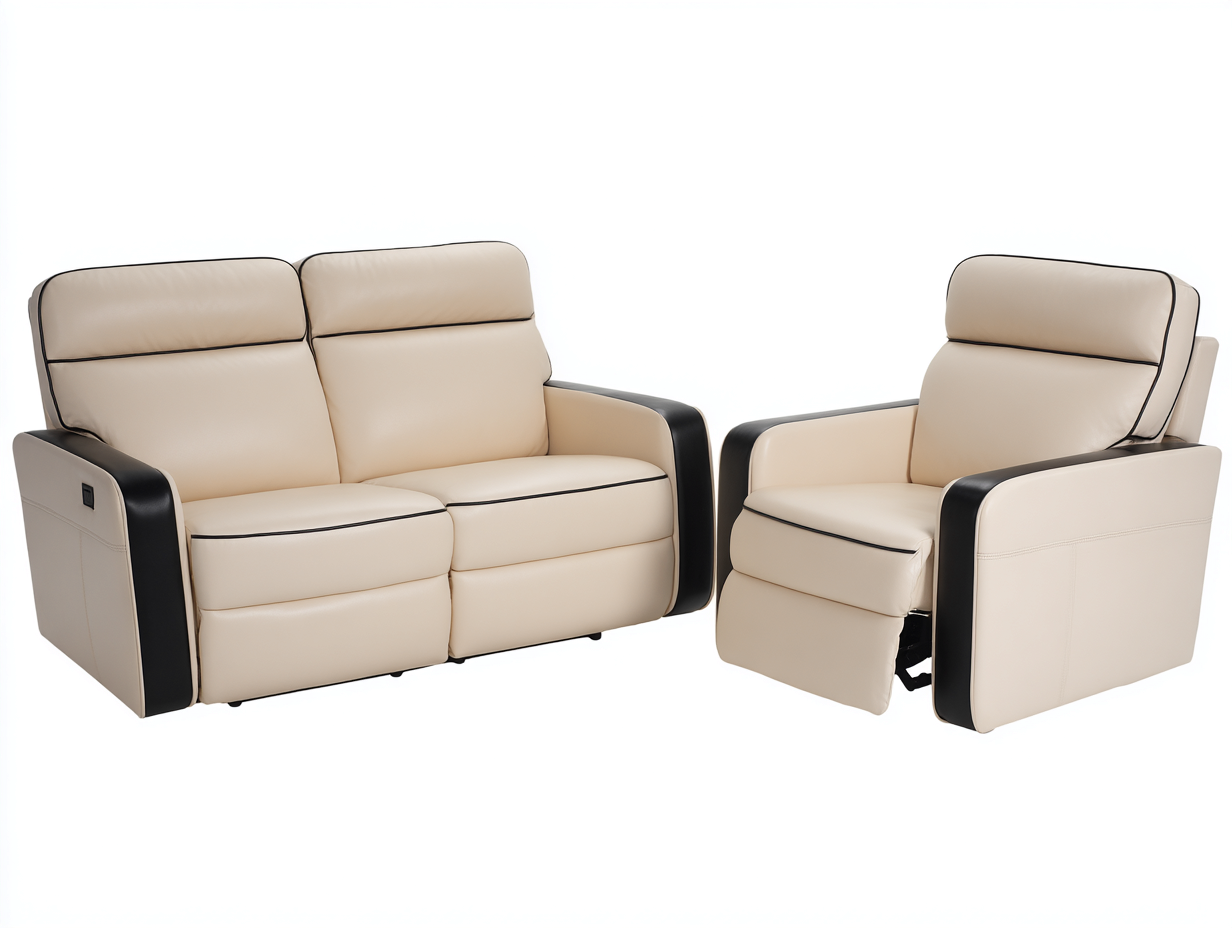 Divano 2 posti e poltrona reclinabili elettrici in pelle 160×95×100 cm / 95×95×100 cm – crema/nero – stile moderno con funzione relax motorizzata-Havenoliq