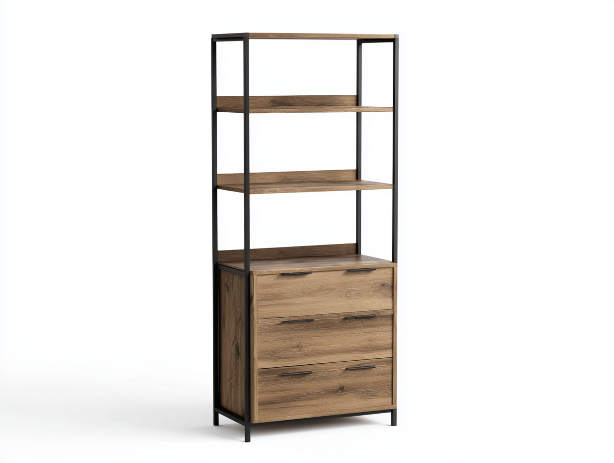 Libreria industriale in legno e metallo 80×35×180 cm – rovere scuro/nero – con spazio contenitore-Havenoliq