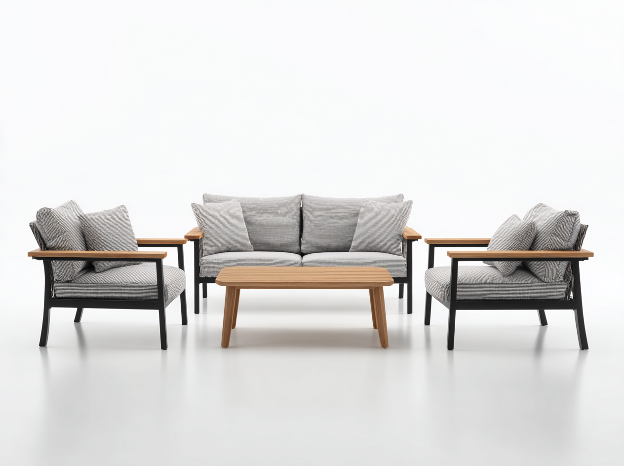 Set da salotto da giardino in alluminio e legno 4 pezzi – divano 165×75×80 cm e poltrona 85×75×80 cm – nero/grigio chiaro – design moderno con tavolino coordinato-Havenoliq