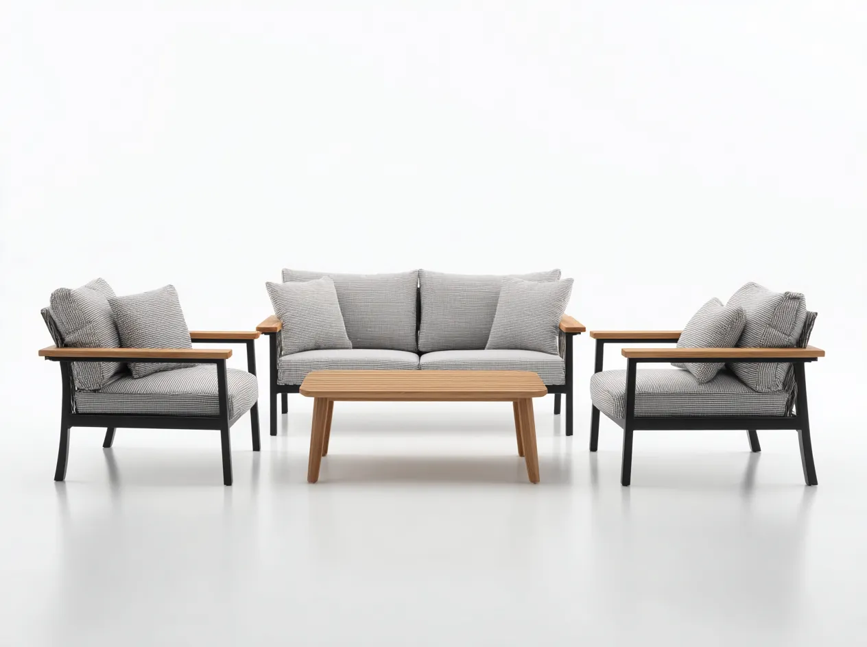 Set da salotto da giardino in alluminio e legno 4 pezzi – divano 165×75×80 cm e poltrona 85×75×80 cm – nero/grigio chiaro – design moderno con tavolino coordinato-Havenoliq