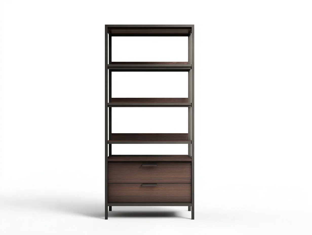 Libreria moderna in legno e metallo 80×35×175 cm – colore noce scuro/nero – con spazio di archiviazione e scaffali aperti-Havenoliq