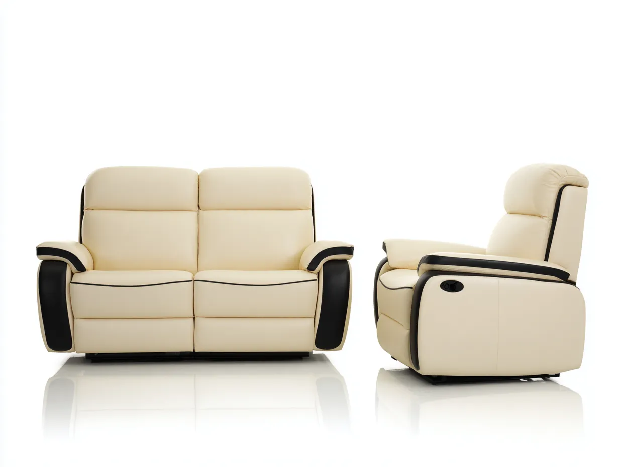 Divano 2 posti e poltrona reclinabili in pelle 160×95×100 cm / 95×95×100 cm – crema/nero – design moderno con funzione relax manuale-Havenoliq