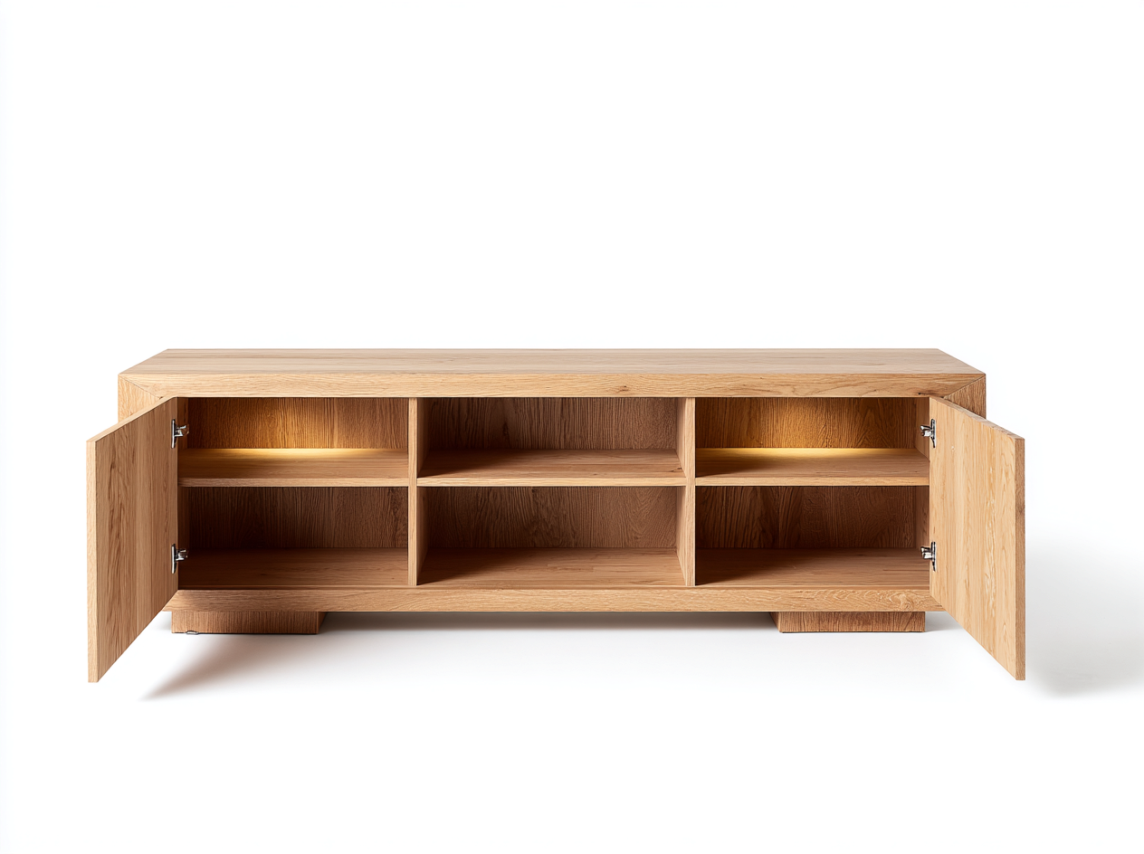 Mobile TV in legno massello 160×45×55 cm – rovere naturale – con spazio contenitore e illuminazione LED-Havenoliq