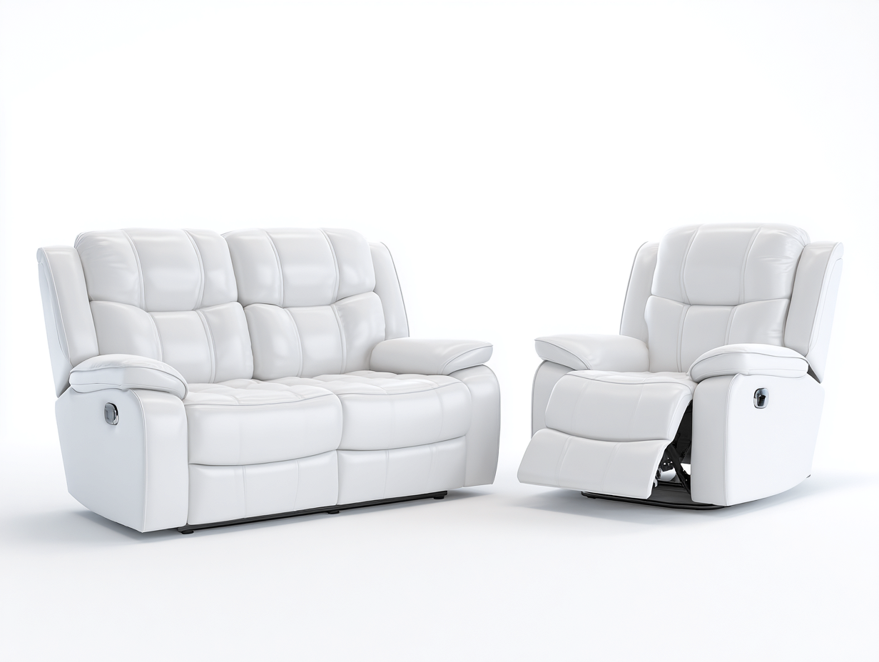 Divano 2 posti reclinabile 160×95×100 cm e poltrona reclinabile 95×95×100 cm in pelle – bianco – stile moderno con funzione relax e imbottitura trapuntata-Havenoliq