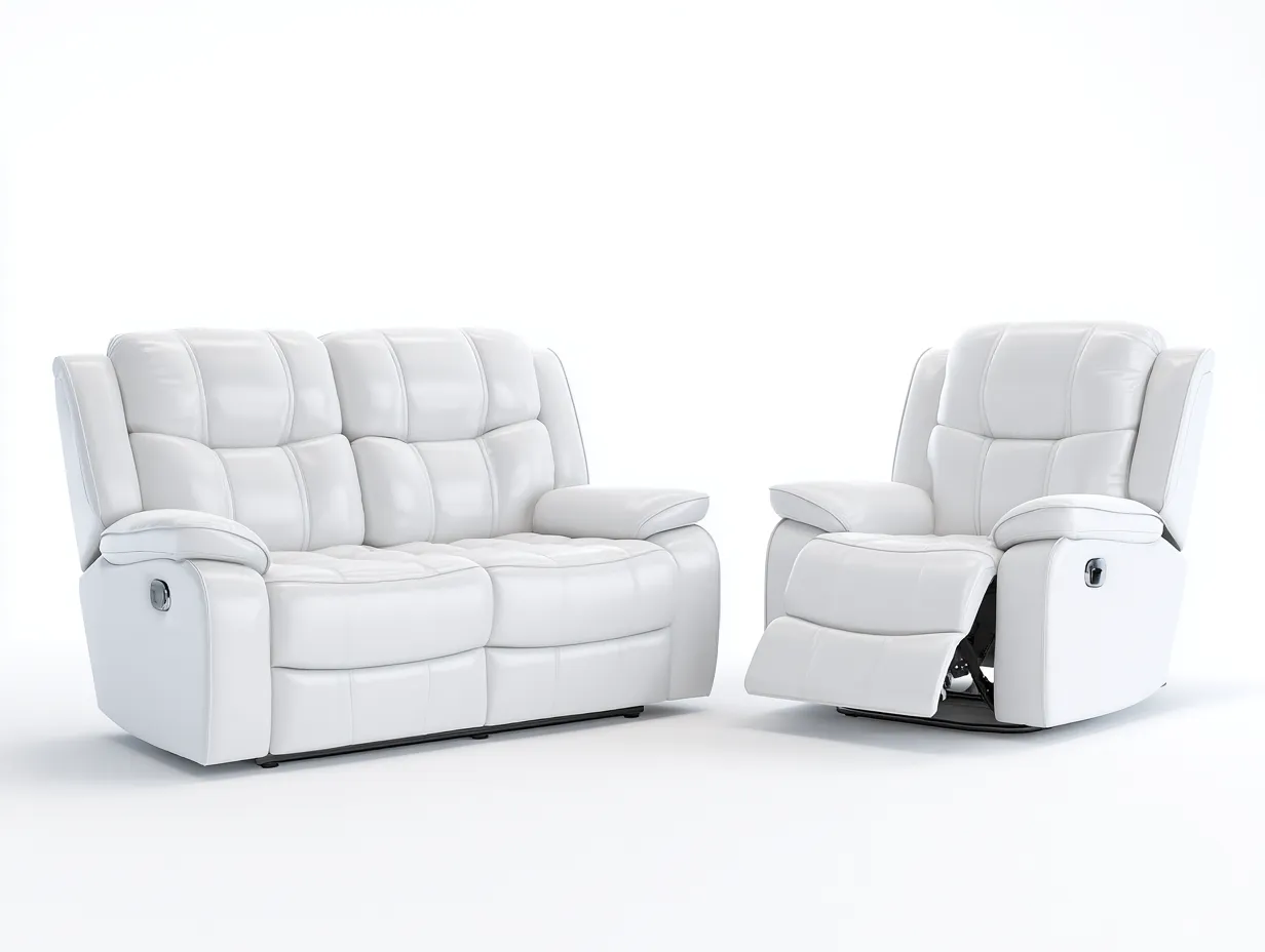 Divano 2 posti reclinabile 160×95×100 cm e poltrona reclinabile 95×95×100 cm in pelle – bianco – stile moderno con funzione relax e imbottitura trapuntata-Havenoliq