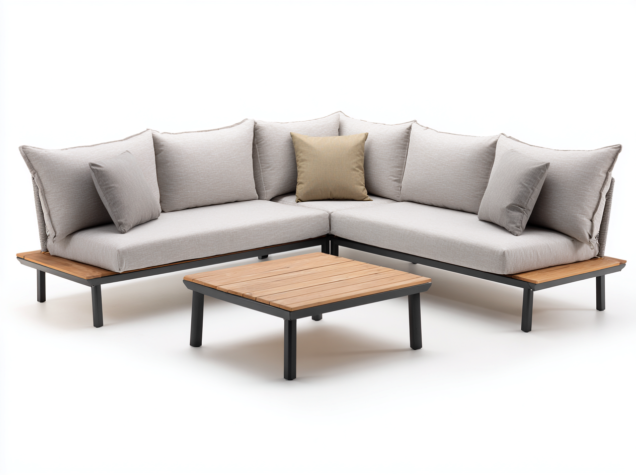 Divano angolare da giardino in alluminio e legno – 240×160×80 cm – grigio chiaro/legno naturale – design moderno e minimalista-Havenoliq