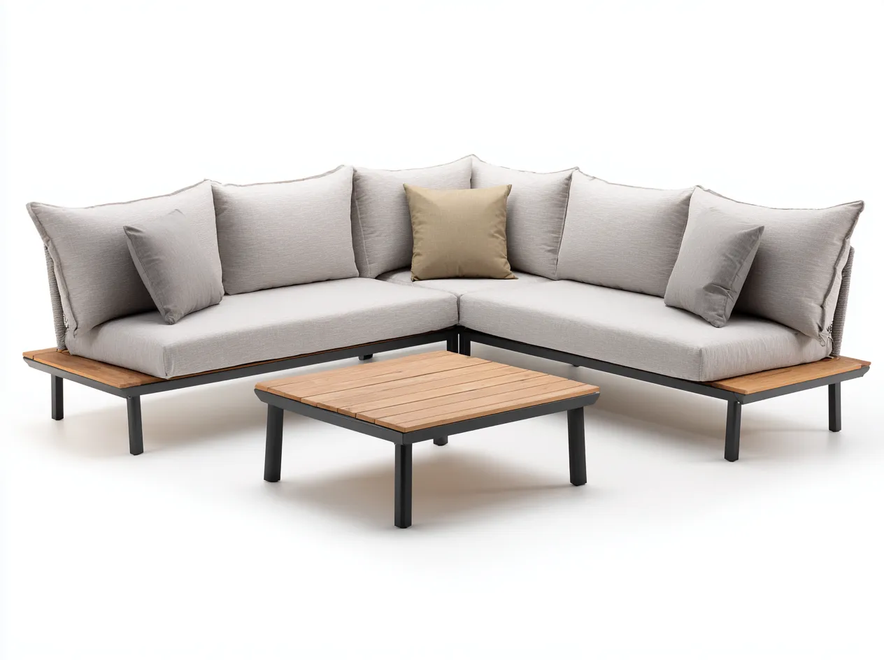Divano angolare da giardino in alluminio e legno – 240×160×80 cm – grigio chiaro/legno naturale – design moderno e minimalista-Havenoliq