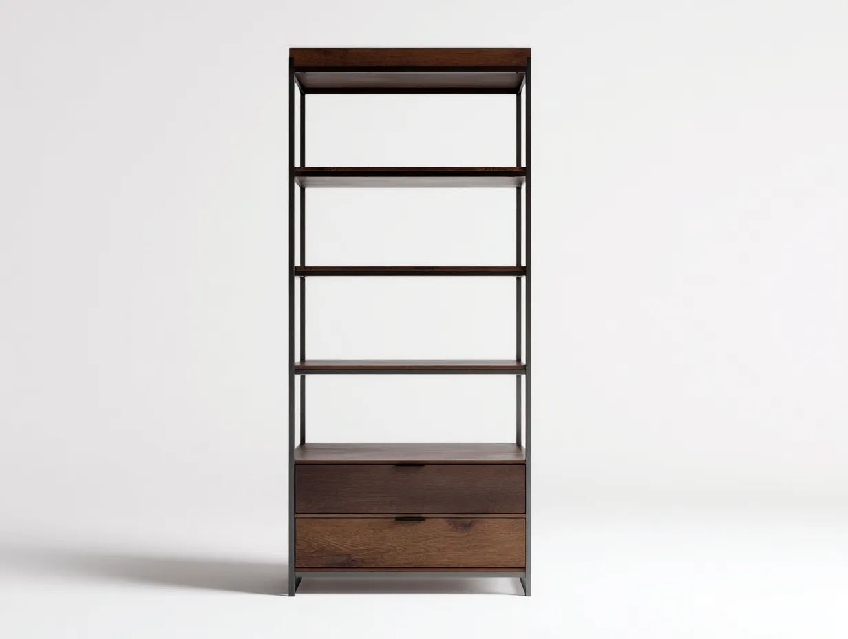 Libreria in legno e metallo 80×35×180 cm – noce scuro – con spazio contenitivo-Havenoliq