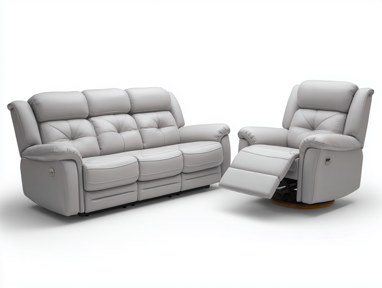 Divano 3 posti 205×95×100 cm e poltrona reclinabile 95×95×100 cm in pelle sintetica – grigio chiaro – stile moderno con funzione relax-Havenoliq